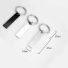 Technical dimensions of a flat rectangle metal bar keychain showing 45mm by 10mm pendant and 28mm key ring size for B2B supplier catalog.Can be used for laser engraving custom text.