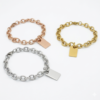 8mm粗十字手链+长方形_0009_图层 10白底图 Wholesale stainless steel link chain bracelets in silver, 18K gold, and rose gold with polished blank rectangular charms ready for laser etching.