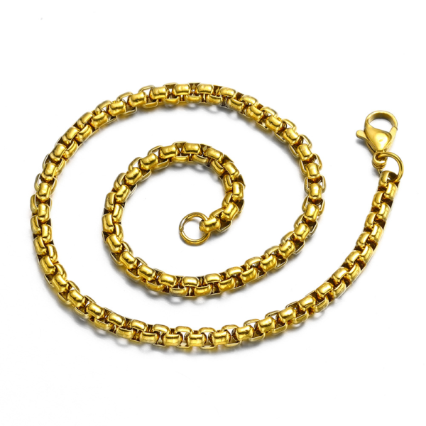 A heavy-duty finished gold stainless steel square link chain necklace arranged in a spiral coil layout with a lobster clasp.