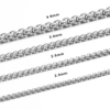 Technical dimension catalog of stainless steel Venetian chain showing precision widths of 2.0mm, 2.5mm, 3.0mm, and 4.0mm.
