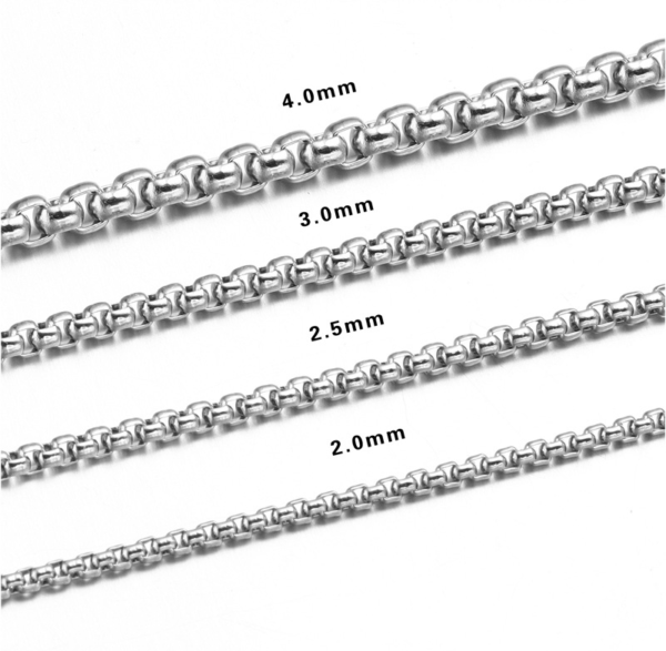 Technical dimension catalog of stainless steel Venetian chain showing precision widths of 2.0mm, 2.5mm, 3.0mm, and 4.0mm.