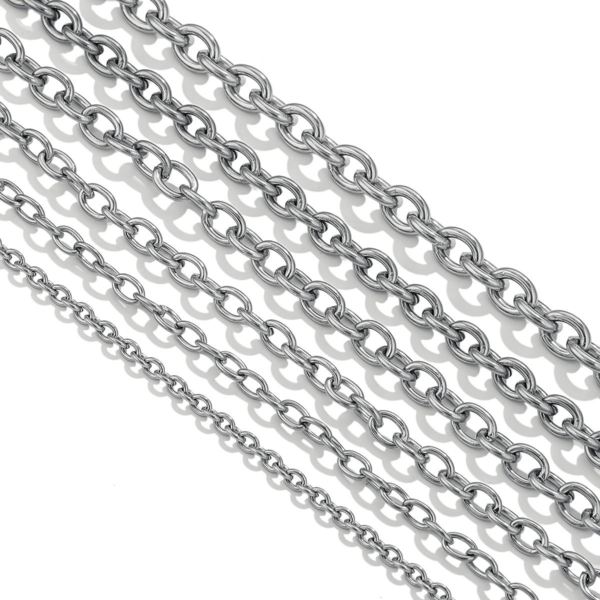 Stainless steel O-link and cable chains in various sizes for B2B suppliers.