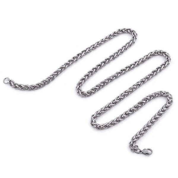 A high-strength, silver stainless steel wheat chain necklace, featuring a secure lobster clasp, displayed coiled in a wavy pattern against a white background.