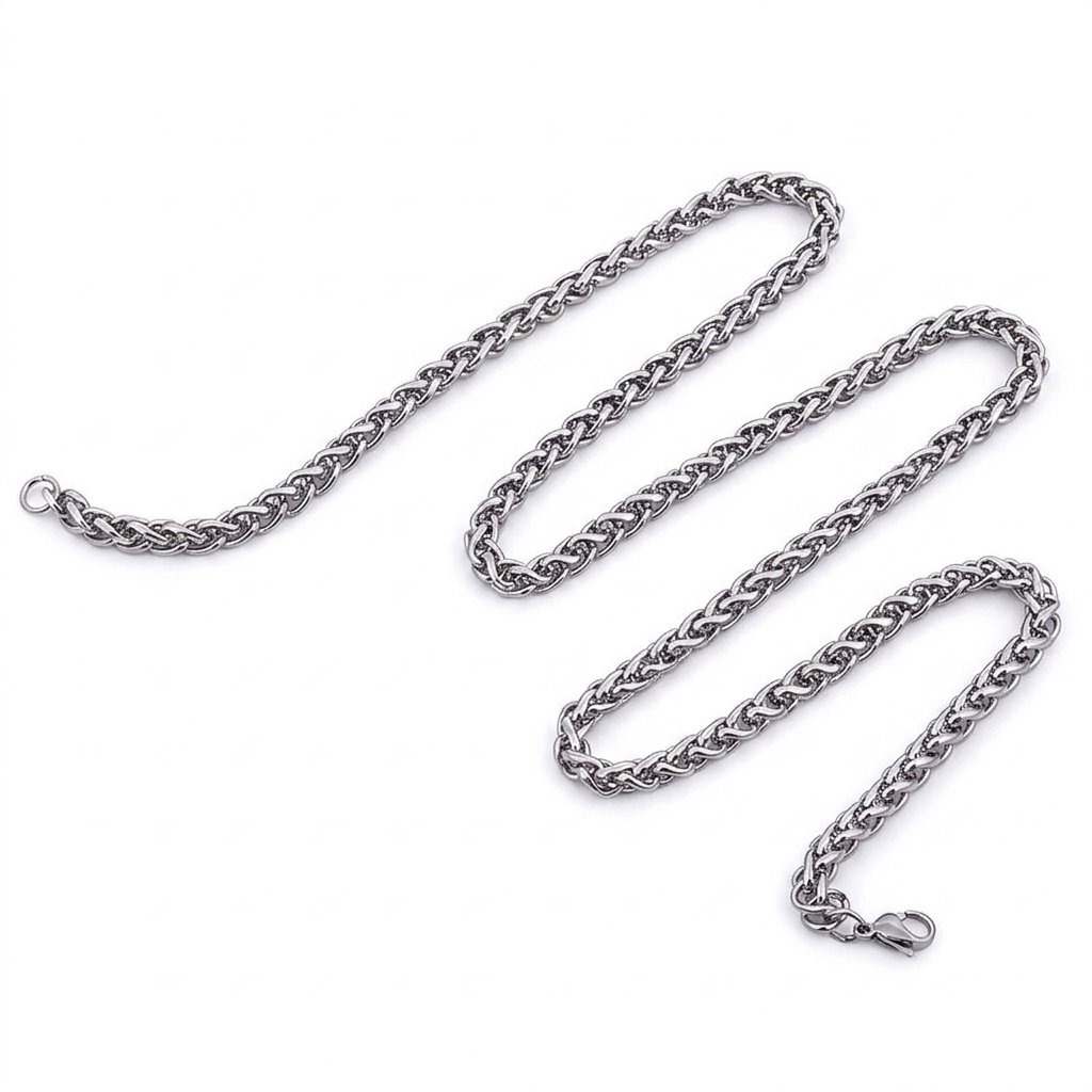 A high-strength, silver stainless steel wheat chain necklace, featuring a secure lobster clasp, displayed coiled in a wavy pattern against a white background.