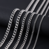 A multi-size catalog photo of wholesale silver stainless steel curb chain necklaces arranged neatly from delicate thin to bold chunky widths.