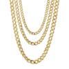 Wholesale 18K gold plated stainless steel Cuban link chains of multiple widths hanging in a U-shape for boutique jewelry sourcing catalog.