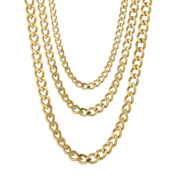 Wholesale 18K gold plated stainless steel Cuban link chains of multiple widths hanging in a U-shape for boutique jewelry sourcing catalog.