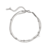 双层不锈钢扁蛇骨链+夹珠圆蛇链 (1) A finished silver stainless steel double layer flat snake and bead chain bracelet layout with a lobster clasp for B2B supplier shop.