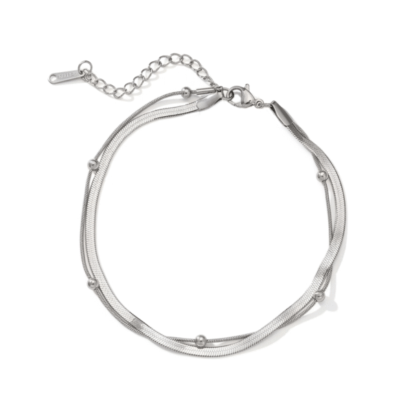 双层不锈钢扁蛇骨链+夹珠圆蛇链 (1) A finished silver stainless steel double layer flat snake and bead chain bracelet layout with a lobster clasp for B2B supplier shop.