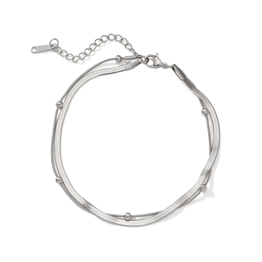 双层不锈钢扁蛇骨链+夹珠圆蛇链 (1) A finished silver stainless steel double layer flat snake and bead chain bracelet layout with a lobster clasp for B2B supplier shop.