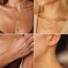 Lifestyle layout of a model wearing a layered set of silver stainless steel lip chain necklaces and a matching dainty bracelet on a wrist.