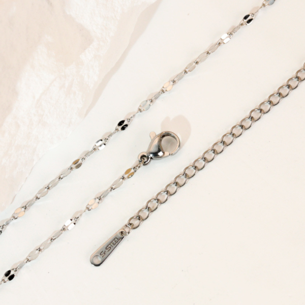 A silver stainless steel lip chain lies flat against a white background, showcasing its structure and details, including a lobster clasp, an extender chain, and a small metal tag.