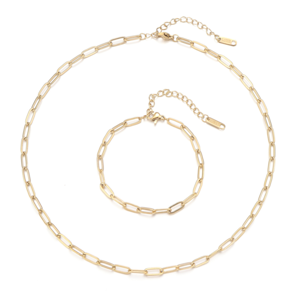 回型链 (1) Wholesale 18K gold plated stainless steel paperclip chain necklace and matching bracelet jewelry set with lobster clasps and extension links.