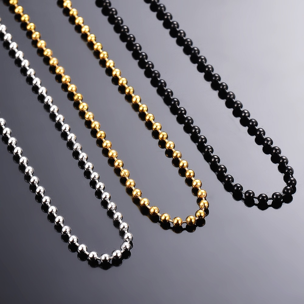 圆珠链 (1) Wholesale 304 stainless steel ball chain necklaces in high-polish mirror silver, luxury 18K gold, and modern matte black finishes for B2B catalog.