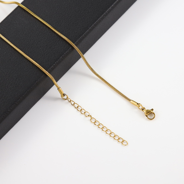 圆蛇链 (2) A finished 18K gold plated stainless steel round snake chain necklace with an adjustable link extension chain and lobster clasp next to a black box.