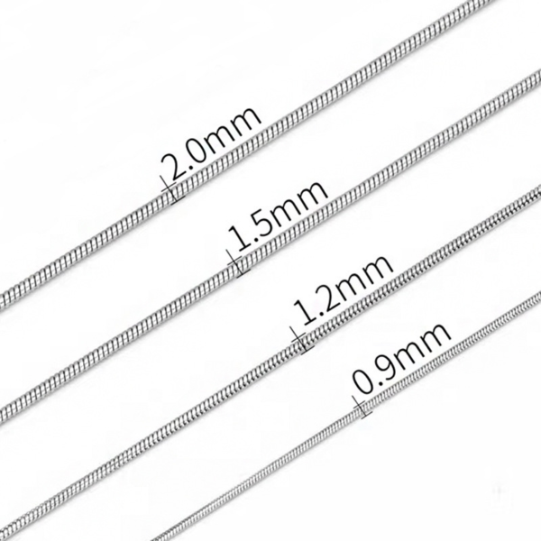 圆蛇链 (7) Technical dimension catalog of wholesale stainless steel round snake chains showing precision widths of 0.9mm, 1.2mm, 1.5mm, and 2.0mm.