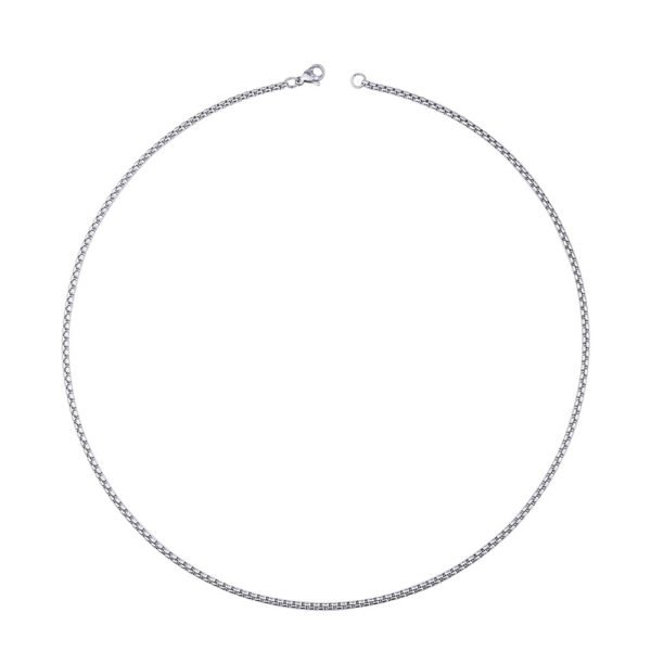 A sleek, natural-finish stainless steel box chain necklace with a lobster clasp, displayed lying flat in a circle against a clean white background.