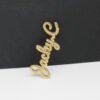满钻字母胸针 (9) A front view of a custom 18K gold plated stainless steel cursive letter name brooch fully paved with shimmering rhinestones for boutique catalog.