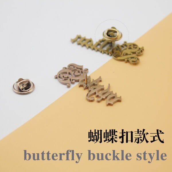 Technical layout photo showing the back of wholesale personalized stainless steel name lapel pins with security butterfly buckle clutches.