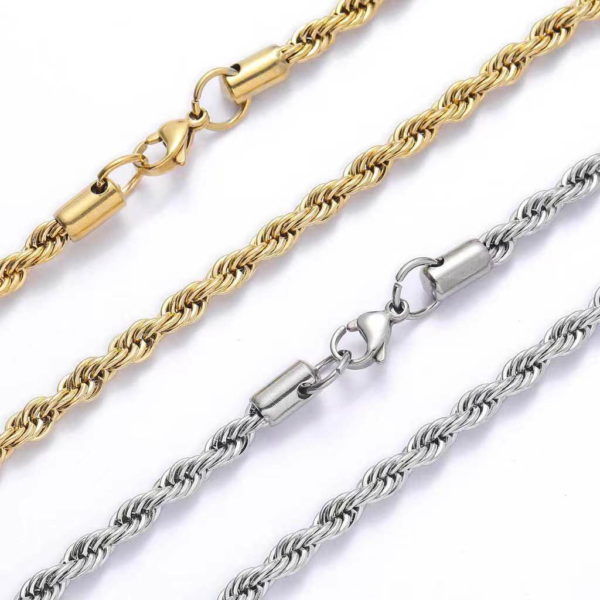 Close-up of gold and silver stainless steel twisted rope chain necklaces highlighting the cylindrical end caps and secure lobster clasps.