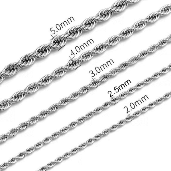 Technical dimension catalog of silver stainless steel rope chain showing precision widths of 2.0mm, 2.5mm, 3.0mm, 4.0mm, and 5.0mm.