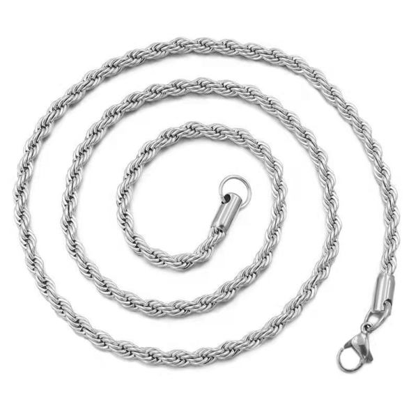 An isolated view of a single finished silver stainless steel rope chain necklace with a lobster clasp in a neat circular coil on white background.