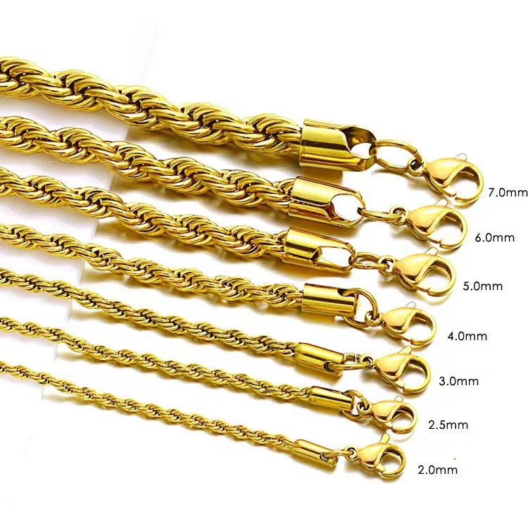 麻花链 (5) Wholesale finished 18K gold plated stainless steel twisted rope chain necklaces in multi-size widths from 2.0mm to 7.0mm with lobster clasps.