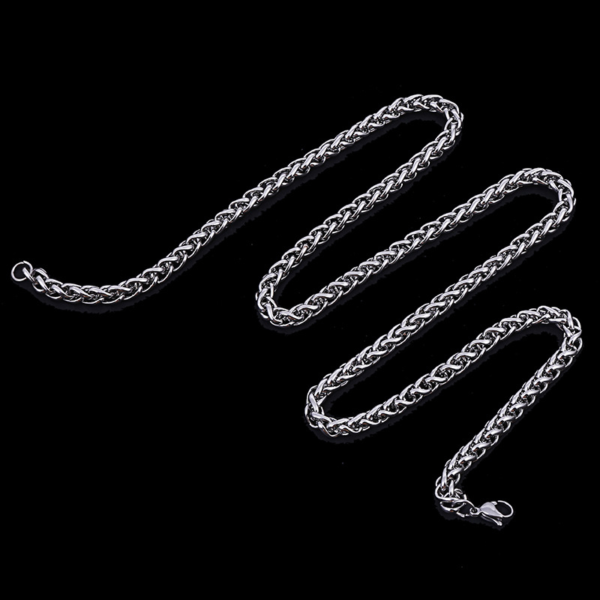 A high-strength finished silver stainless steel braided wheat chain necklace with a secure lobster clasp displayed in a wavy coil on black background.