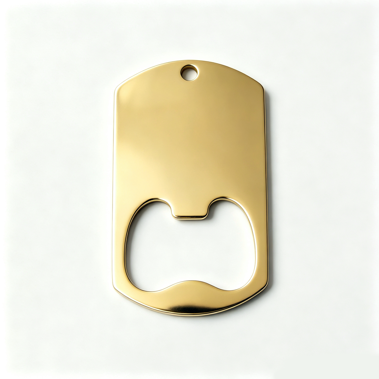 A single blank mirror polished 18K gold plated stainless steel dog tag shape bottle opener keyring flatly laid on a white clean background.
