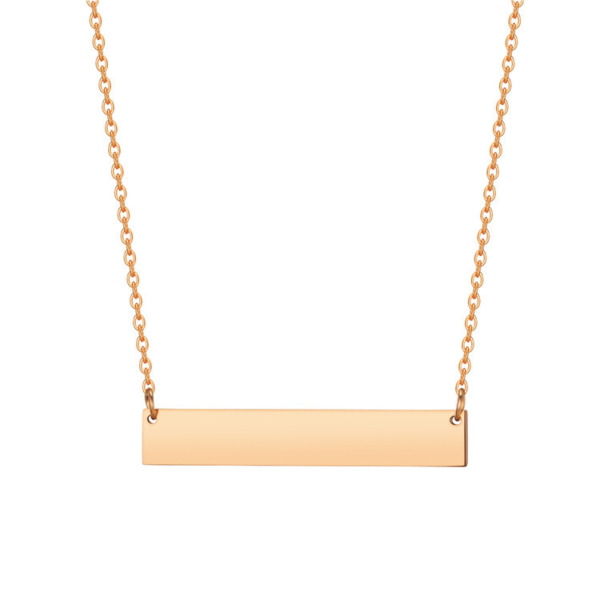 双孔吊坠项链32×6 (6) An isolated front view of a finished rose gold stainless steel minimalist horizontal bar necklace flatly laid out on a pure white backdrop.