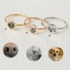 圆形戒指定制_0000_主图 Technical production catalog layout showing silver, gold, and rose gold stainless steel rings laser engraved with pet nose, cat, and dog portraits compared to original photos.