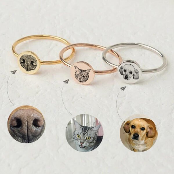 圆形戒指定制_0000_主图 Technical production catalog layout showing silver, gold, and rose gold stainless steel rings laser engraved with pet nose, cat, and dog portraits compared to original photos.