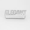 Wholesale finished silver stainless steel horizontal statement ring with laser cut out text "ELEGANT" on a clean neutral backdrop.