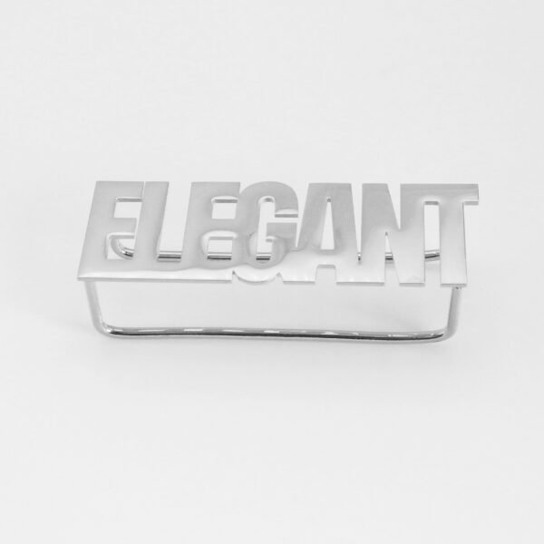 Wholesale finished silver stainless steel horizontal statement ring with laser cut out text "ELEGANT" on a clean neutral backdrop.