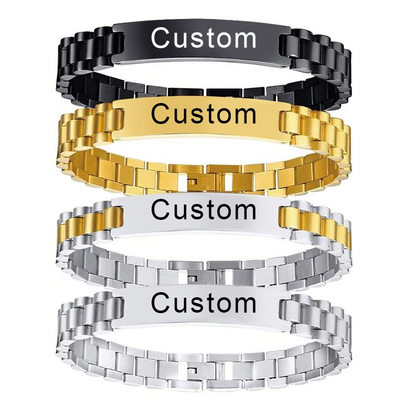 B2B catalog technical diagram showing four finished stainless steel watch band name bracelets in black, gold, two-tone, and silver laser engraved with custom text.