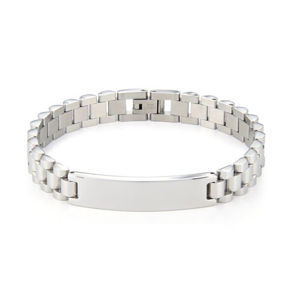 大表带手链 (2) Rear view layout of a wholesale polished silver stainless steel men's ID bracelet showing the fold-over clasp mechanism on a white backdrop.