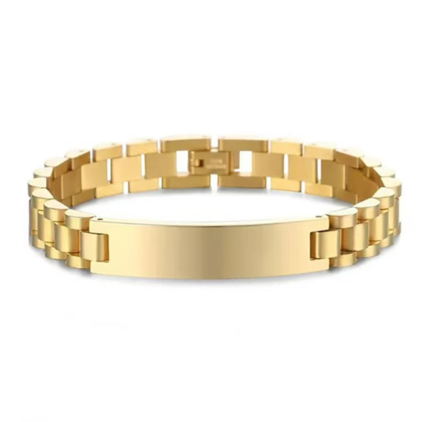 大表带手链 (2) A single blank mirror polished luxury 18K gold plated stainless steel watch link ID bar chain bracelet flatly laid on a white clean backdrop.