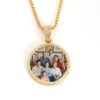 An isolated front view of a finished 18K gold plated stainless steel round picture necklace with a pave rhinestone bezel custom sublimated with a family photo.