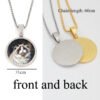 Technical production catalog photo showing 3.5cm pendant diameter and 60cm box chain length of sublimation photo necklaces with front and back textured views.