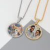 Finished gold and silver stainless steel round photo locket necklaces draped elegantly on a split background custom printed with couple and kitten photos.