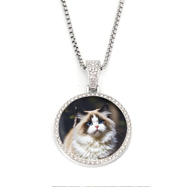 A finished silver stainless steel circular picture pendant necklace with an iced-out crystal rim custom printed with a high-definition pet cat photo on a white backdrop.
