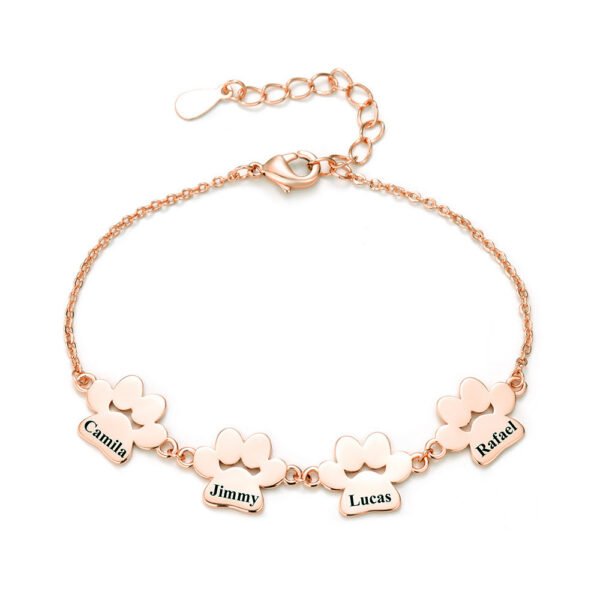 A single blank mirror polished rose gold plated stainless steel family nameplate bracelet with 4 connected paw tags and a secure lobster clasp.