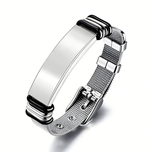 Men's ID bracelet with silver stainless steel strap