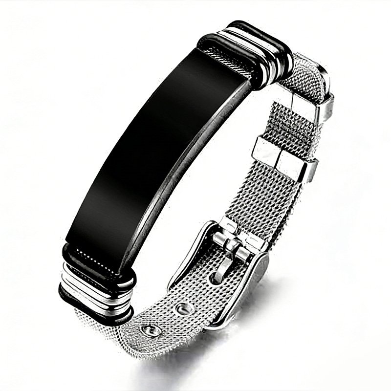 Men's ID bracelet with black/silver stainless steel strap