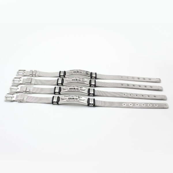 网手环 腐蚀抹油DAD_0000_图层 6 Full horizontal layout of four wholesale custom stainless steel watch strap style bracelets showing the needle buckle closures and eyelet tails on a clean backdrop.