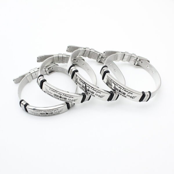 网手环 腐蚀抹油DAD_0003_图层 3 Three finished stainless steel Milanese loop name bracelets arranged in a closed loop coil layout on a clean backdrop for volume wholesale sourcing.