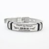 网手环 腐蚀抹油DAD_0006_背景 An isolated front view of a single custom silver stainless steel mesh chain bracelet with a buckle clasp laser engraved with text "Love, Your SON".