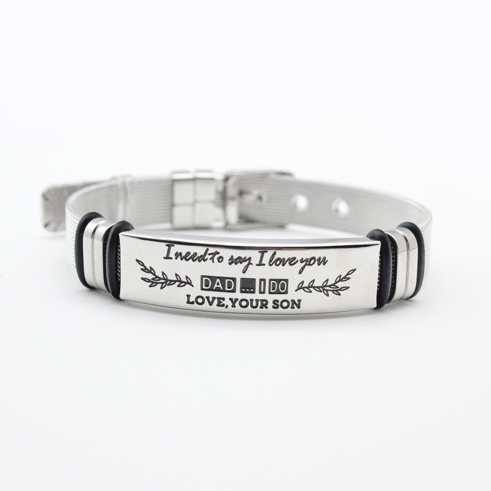 An isolated front view of a single custom silver stainless steel mesh chain bracelet with a buckle clasp laser engraved with text "Love, Your SON".