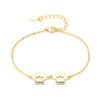 A minimalist gold stainless steel bracelet with a mirror-polished finish, featuring two interlocking paw-print charms and a secure lobster clasp.