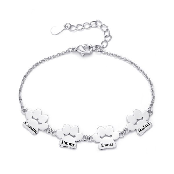 A minimalist, mirror-polished silver stainless steel bracelet featuring four interconnected paw-print charms and a secure lobster clasp.